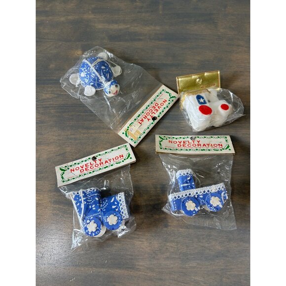 Lot 4 Vintage Christmas Ornaments Blue Bandana Pattern Trains Turtle New In Pack - Picture 1 of 6